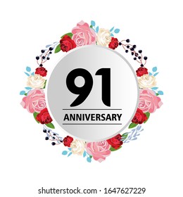 91th anniversary. Vector design greeting card with decorative floral circle for celebration