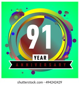 91th years greeting card anniversary with colorful number and frame. logo and icon with circle badge and background