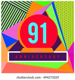 91th years greeting card anniversary with colorful number and frame. logo and icon with Memphis style cover and design template. Pop art style design poster and publication.