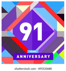 91th years greeting card anniversary with colorful number and frame. logo and icon with Memphis style cover and design template