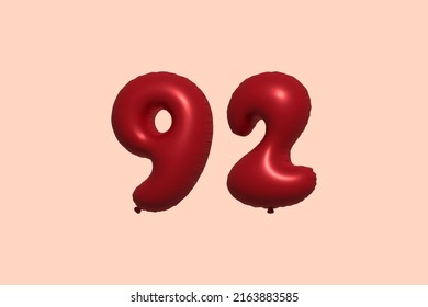 92 3d number balloon made of realistic metallic air balloon 3d rendering. 3D Red helium balloons for sale decoration Party Birthday, Celebrate anniversary, Wedding Holiday. Vector illustration