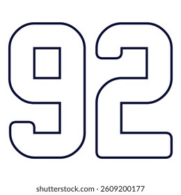 92 Classic Vintage Sport Jersey Uniform numbers in black with a black outside contour line number on white background for American football, Baseball and Basketball or soccer