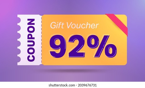 92% coupon promotion sale for website, internet ads, social media. Big sale and super sale coupon code 92 percent discount gift voucher coupon vector illustration summer offer ends weekend holiday