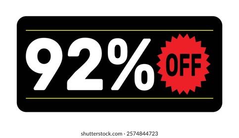 92% discount tag. icon vector Black, white and rad rectangular shape, perfect for marketing promotions