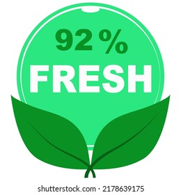 92% fresh fruits vector art illustration sign symbol in green round shape with leaves business stamp isolated on white background