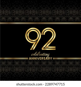 92 Golden Double Line Number. 92 Anniversary invitation cover with glitter separated by golden double lines on a black background