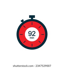 92 minutes, 92 min stopwatch vector icon. Stopwatch icon in flat style on a white background. Vector.