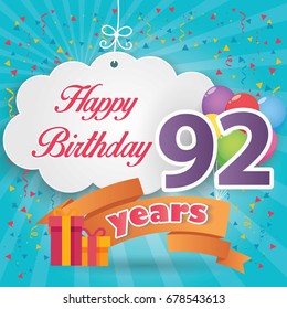 92 nd birthday celebration greeting card origami paper art design, birthday party poster background with clouds, balloon, ribbon and gift box full color. ninety two years anniversary celebrations
