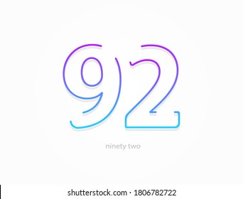 92 number, outline stroke gradient font. Trendy, dynamic creative style design. For logo, brand label, design elements, application and more. Isolated vector illustration