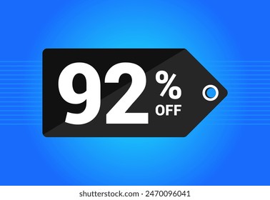 92 % Rabatt. Schwarz-blaues Etikett mit zweiundneunzig Prozent Rabatt. Shopping-Konzept Vektorgrafik. Vektorillustration.