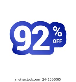 92% off. Discount number of percent sign in white and blue colors. Ninety two percent of discount. Symbol tag vector badge template. Sale offer price sign.