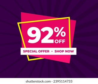 92 % Rabatt, 92 %, Sonderangebot, jetzt einkaufen. Hintergrundetikett. Violett und rosa. Ermäßigtes Sonderangebot. Banner mit Angebotsemblem. Modernes Design. Vektorgrafik.
