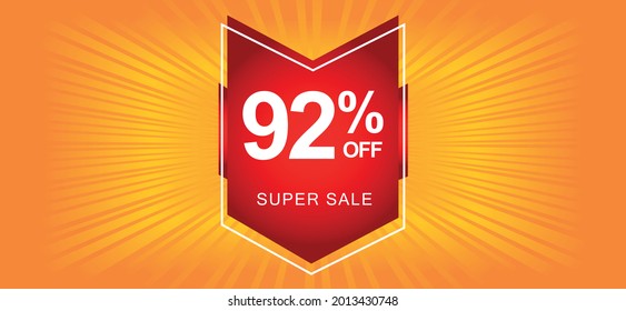92% off. Orange banner with ninety-two percent discount on a red balloon for mega offers.
