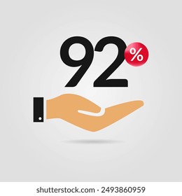 92% de descuento en promoción. Noventa y dos por ciento de descuento con icono de mano. Símbolo de venta. Descuento en composición creativa. Ilustración vectorial.