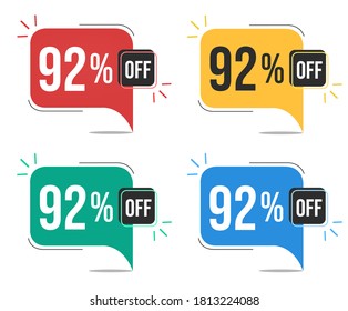 92% off. Red, yellow, green and blue tags with ninety-two percent discount. Banner with four colorful balloons with special offers vector.