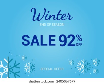 92% off sale banner. Ninety two percent special offer. Winter sale banner. Winter End of Season Sale Background Design. Template for advertising, web and social media. Vector.