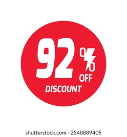 92% OFF Sale Discount Banner offer price tag. Special offer sale red label. Vector Modern Sticker Illustration Background