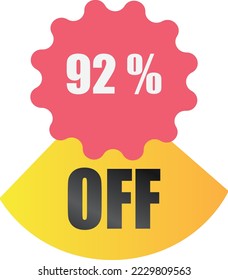 92% off sale label symbol, Sale tag vector badge template,  92% sale promotion flat icon, 92% Discount offer price label, clearance sale sticker emblem, 12 12 and black Friday discount modern colorful