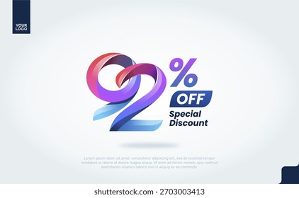 92 Percent Off Banner Vector with Modern 3D Gradient Typography for Sale Promotion
