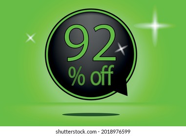 92 percent off black balloon and floating. with green background, banner 92% off green, shadow