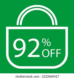 92 percent off. Green banner with shopping bag illustration.