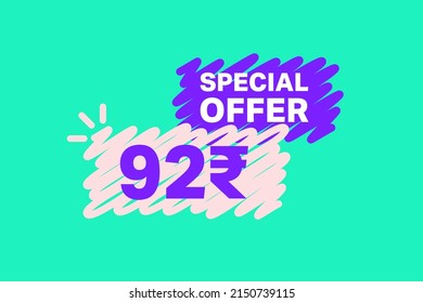 92 Rupee OFF Sale Discount banner shape template. Super Sale 92 Indian rupee Special offer badge end of the season sale coupon bubble icon. Discount offer price tag vector illustration.