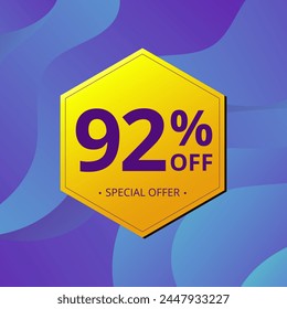 92% Sale and Discount Label. Ninety two percent Sale Discount label Geometric design. Abstract Blue and Yellow Hexagon. Vector illustration.