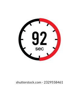 92 seconds timer clock. 92 sec stopwatch icon countdown time digital stop chronometer.