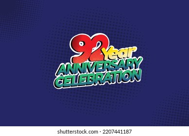 92 year anniversary celebration fun style logotype. anniversary logo with red, purple and blue color isolated on red background, vector design for celebration, invitation and greeting card - Vector