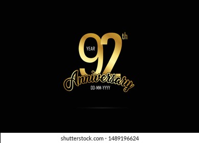 92 year anniversary celebration logotype. anniversary logo with golden Ribbons isolated on black backgrounds, for Birthdays, Invitation, Banner Card - Vector