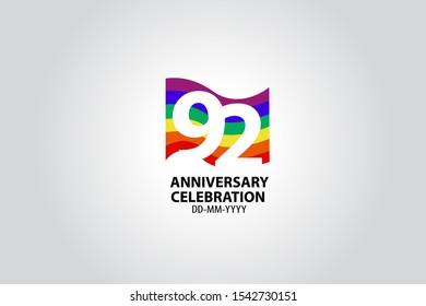 92 year anniversary celebration logotype with white number Emboss Style isolated on LGBT Colorful Flag on white grey background  - vector