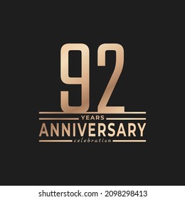 92 Year Anniversary Celebration with Thin Number Shape Golden Color for Celebration Event, Wedding, Greeting card, and Invitation Isolated on Dark Background