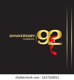 92 year anniversary logo template on black background. golden numbers with red ribbon vector