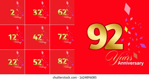 92 Year Anniversary Set 2, 12, 22, 32, 42, 52, 62, 72, 82 Vector Template Design Illustration