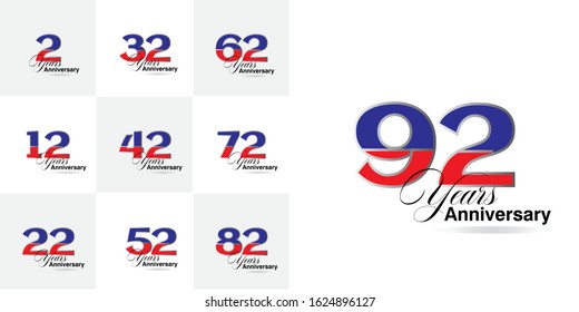 92 Year Anniversary Set 2, 12, 22, 32, 42, 52, 62, 72, 82 Vector Template Design Illustration