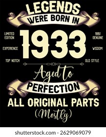 92 anos de idade para a perfeição Lendas nasceram em 1933 Retro Vintage T-Shirt Aniversário Ideias