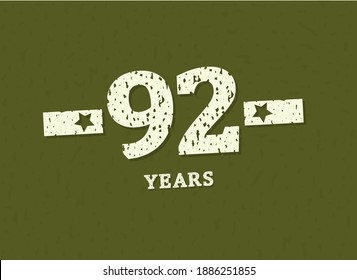 92 years anniversary with badge military, grunge pattern. Army design with star on green camouflage background. Vector perfect for any military labels, posters and armed force etc.