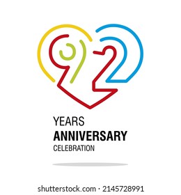 92 Years Anniversary Celebration Decoration Colorful Number Bounded By A Loving Heart Modern Love Line Design Logo Icon White Background