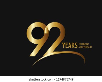 92 years anniversary celebration design. anniversary logo with swoosh and golden color isolated on black background, vector design for greeting card and invitation card.