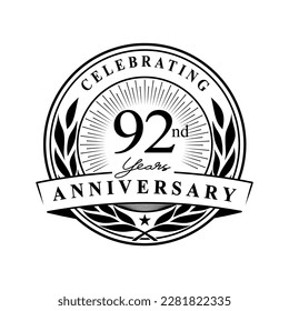 92 years anniversary celebration design template. 92nd logo vector illustration.
