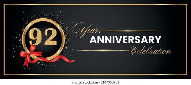 92 Years Anniversary Celebration Gold and Black Color Vector. anniversary celebration logotype with elegant modern number gold color for celebration, gold anniversary celebration, bow, ribbon, luxury.