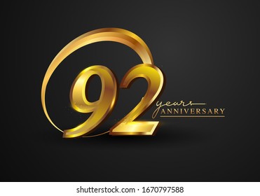 92 Years Anniversary Celebration. Anniversary logo with ring and elegance golden color isolated on black background, vector design for celebration, invitation card, and greeting card