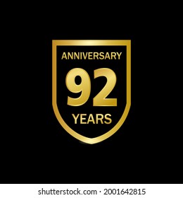 92 years anniversary celebration. Anniversary logo elegance golden color isolated on black background, vector design for celebration, invitation card, and greeting card