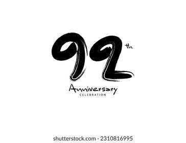 92 Years Anniversary Celebration logo black paintbrush vector, 92 number logo design, 92th Birthday Logo, happy Anniversary, Vector Anniversary For Celebration, poster, Invitation Card