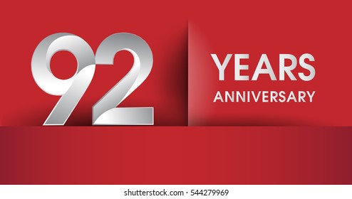 92 Years Anniversary celebration logo, flat design isolated on red background, vector elements for banner, invitation card and birthday party.