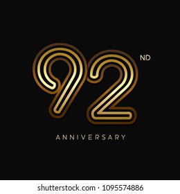 92 years anniversary celebration logotype. anniversary logo with golden and silver color isolated on black background, vector design for celebration, invitation card, and greeting card