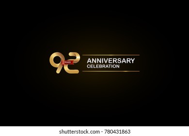 92 Years Anniversary Celebration Logotype with Golden, Silver and Red Ribbon Isolated on Black Background. Vector Design for Invitation Card, Greeting Card, Banner. 