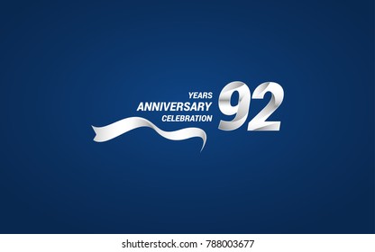 92 Years Anniversary celebration logotype white colored, using ribbon and isolated on blue background