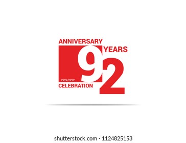 92 Years Anniversary celebration simple red design logo type. silhouette number inside red box vector illustration. 