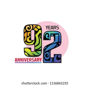 92 years anniversary with colorful tribal and pink circle. Vector illustration isolated on white background